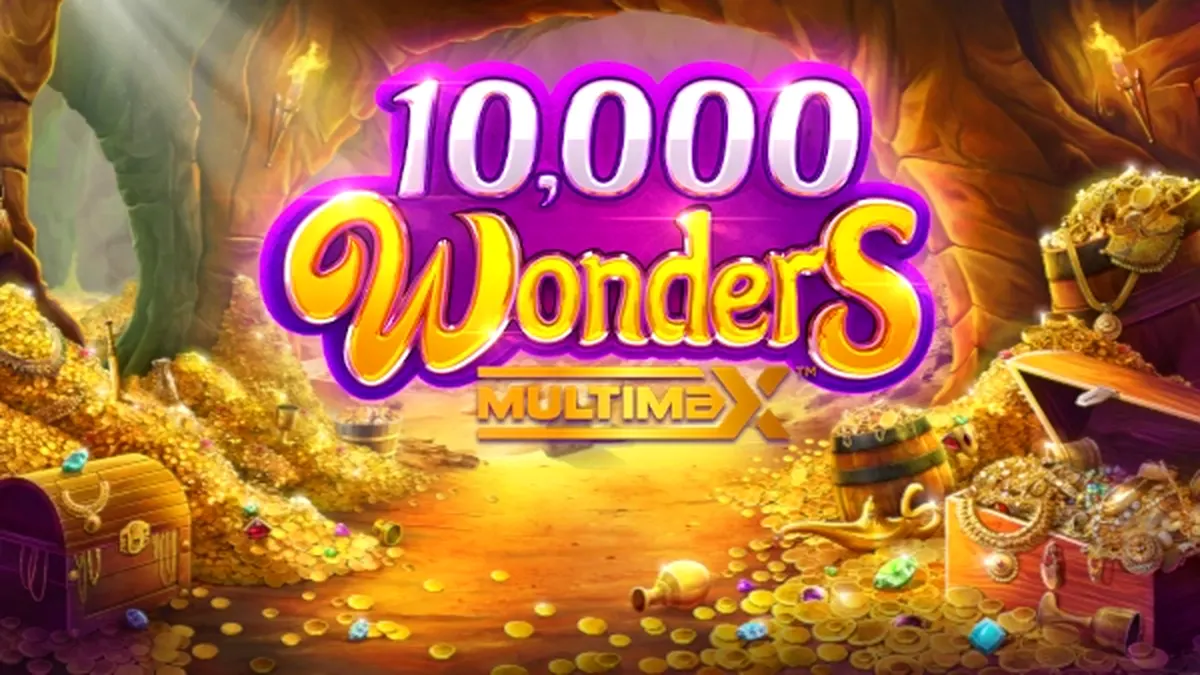 Interface visual e símbolos do slot 10,000 Wonders Multimax