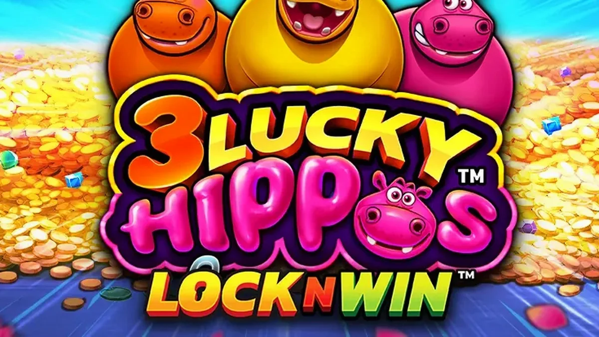 Cenário vibrante e colorido do jogo de slot 3 Lucky Hippos